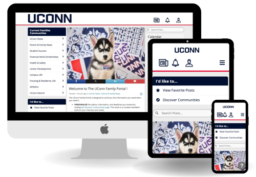 The UConn Family Portal is shown across desktop, tablet, and mobile devices, offering personalized updates and resources for families.