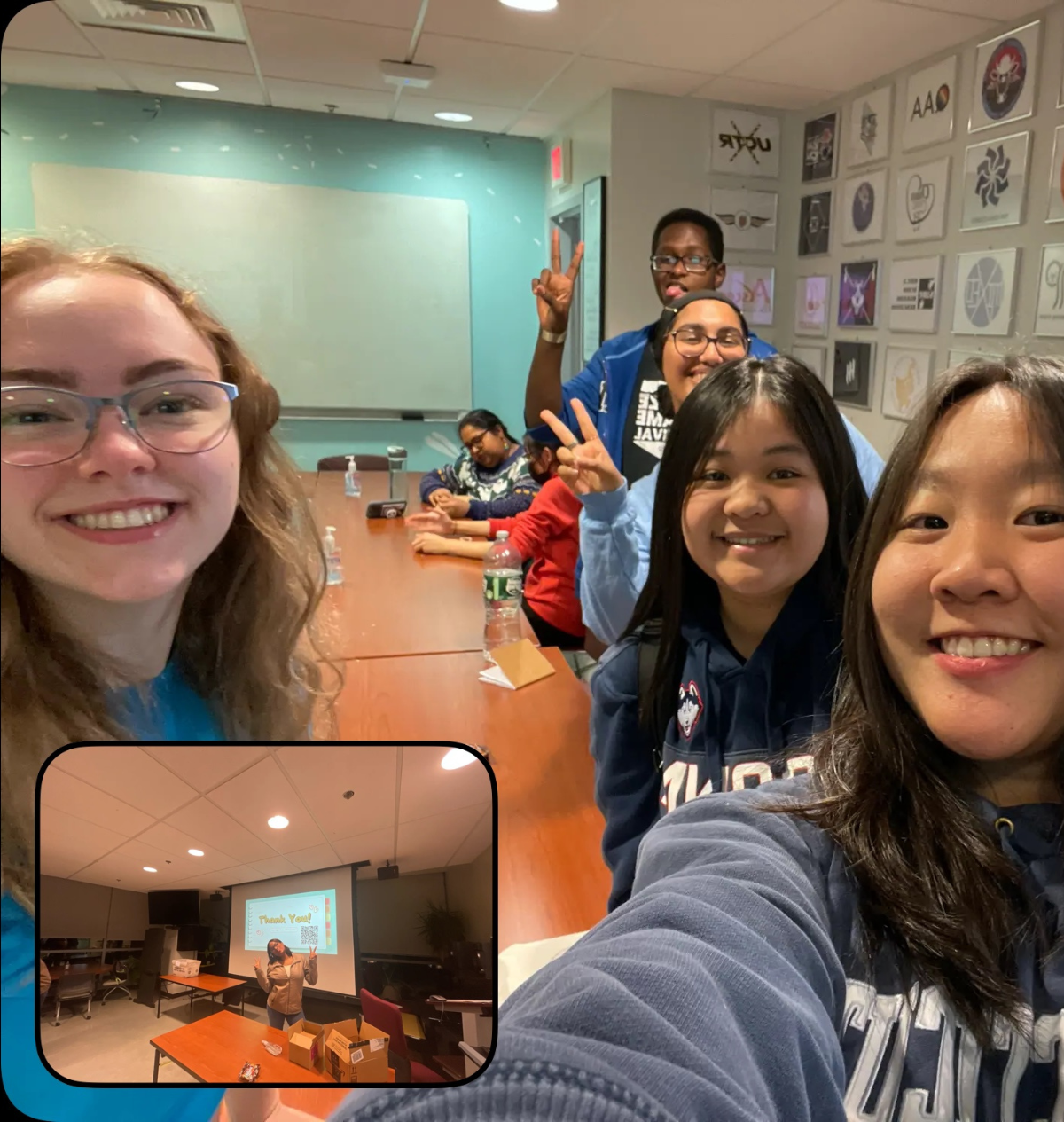 Holistic Huskies Event1 Students pose for a group selfie at a Holistic Huskies event, celebrating a fun session centered on wellness and connection.