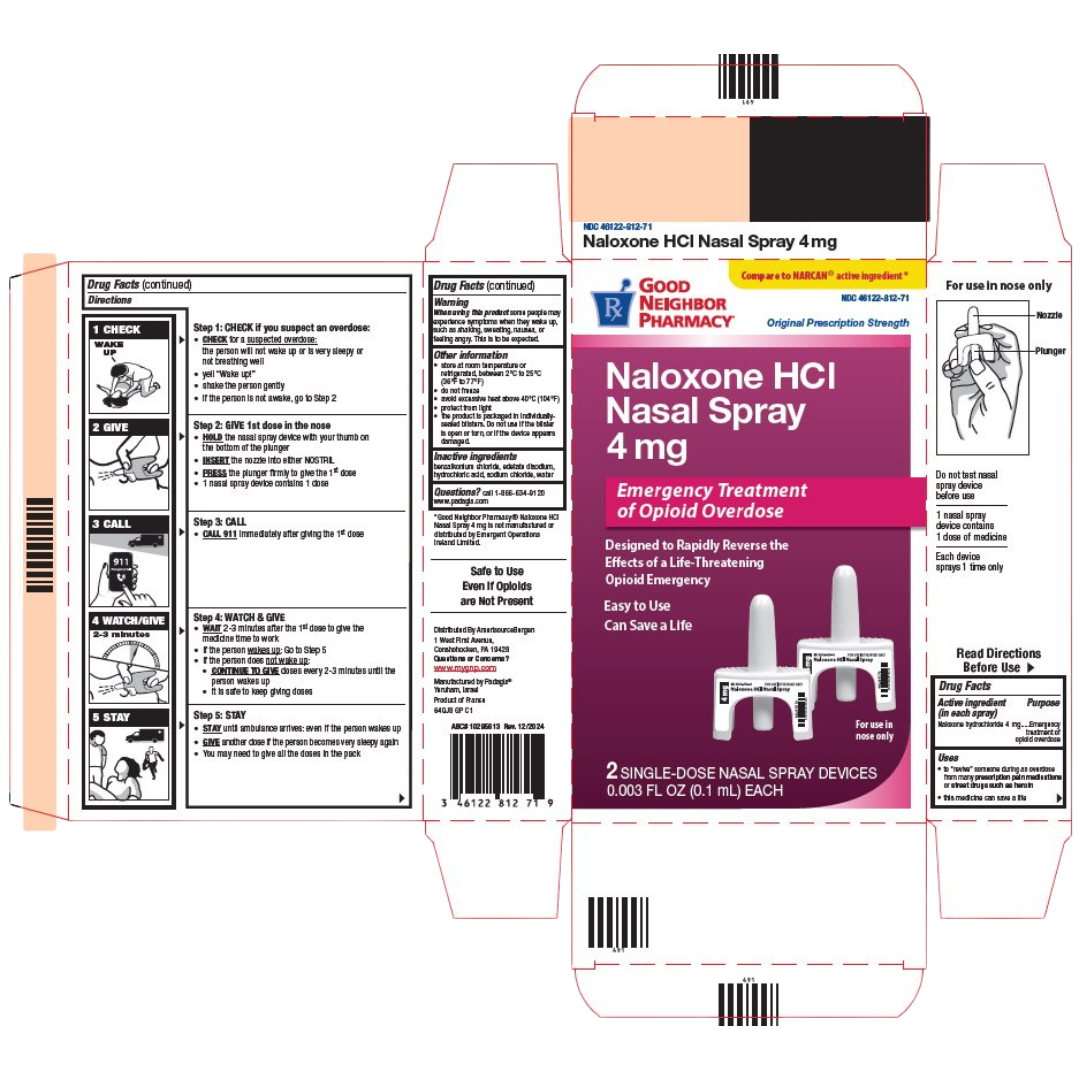 Packaging for Good Neighbor Pharmacy Naloxone HCl Nasal Spray 4 mg showing instructions for use, emergency treatment of opioid overdose, and two single-dose nasal spray devices