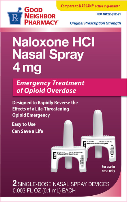 Box of Good Neighbor Pharmacy Naloxone HCl Nasal Spray 4 mg for emergency treatment of opioid overdose with two single-dose spray devices shown.