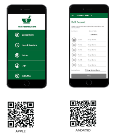 ChatGPT said:
Two smartphone screens display a pharmacy mobile app with options like express refills, hours, directions, and policies, along with QR codes for downloading on Apple and Android devices.
