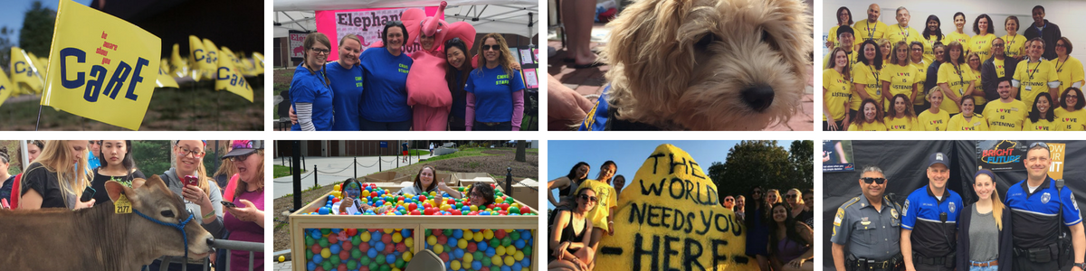 A collage of campus wellness and community activities, including students at events, therapy animals, staff in yellow shirts, and police officers engaging with students.