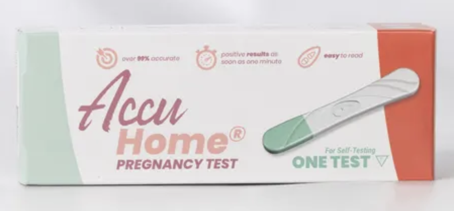 Accu Home Pregnancy Test box showing one test and key features like 99% accuracy and quick results.