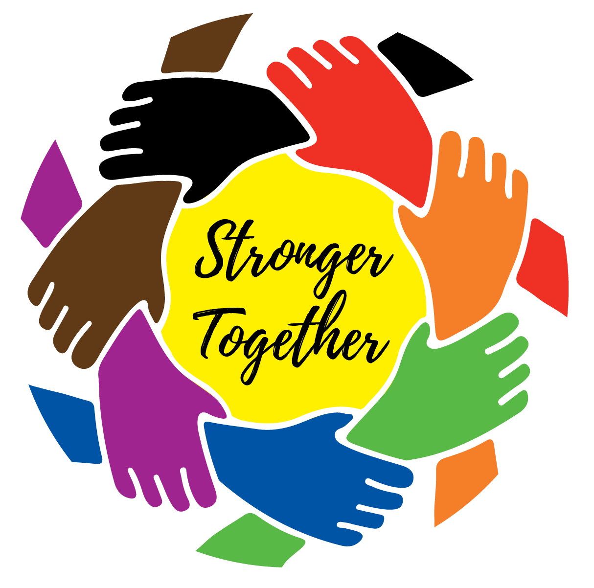 A circle of colorful illustrated hands surrounds a yellow center with the words “Stronger Together.