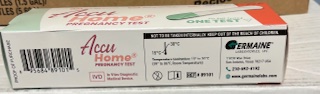 Side view of an Accu Home Pregnancy Test box showing storage instructions, manufacturer info, and barcode.