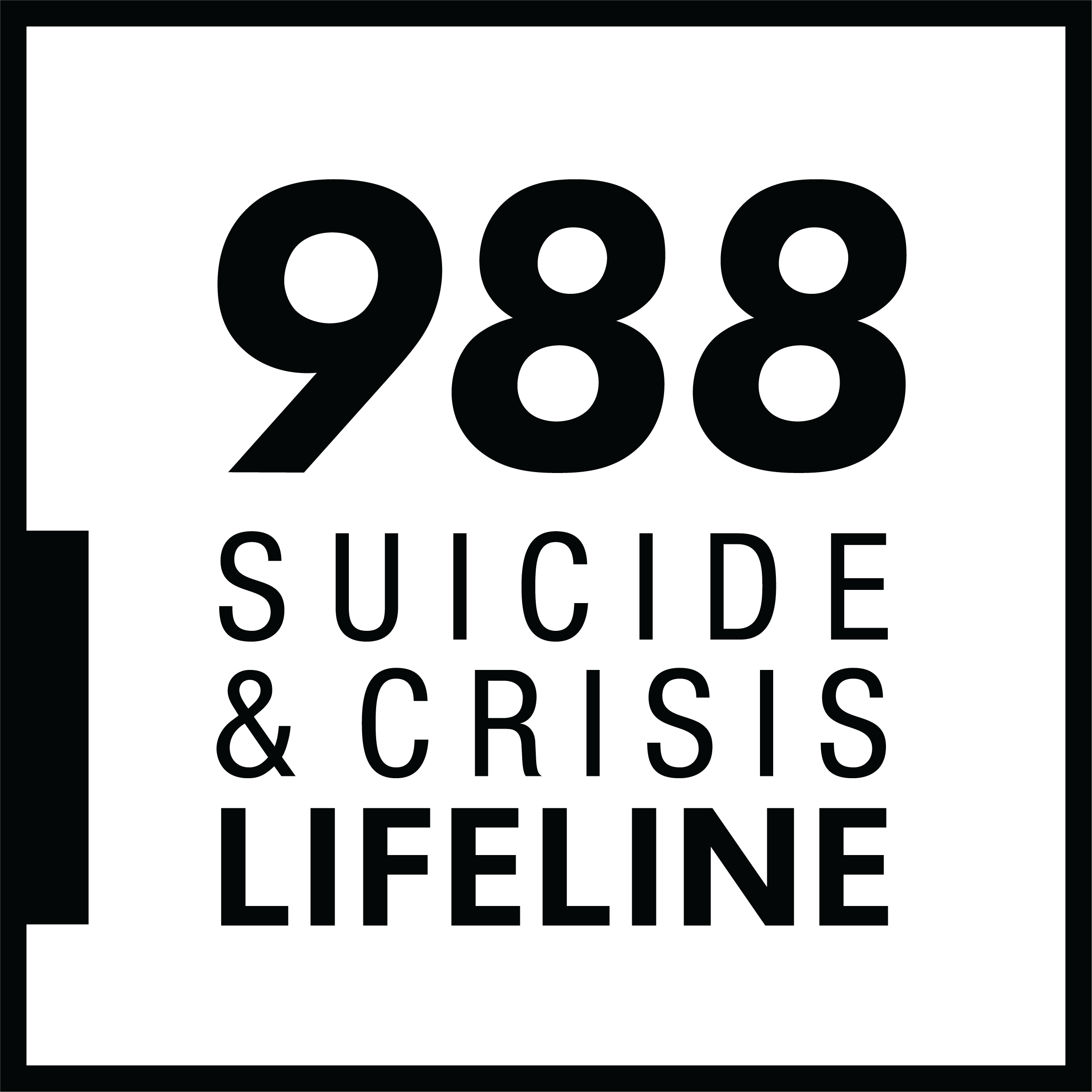 Graphic displaying “988 Suicide & Crisis Lifeline” in bold black text on a light background. The image promotes the 988 phone number for immediate mental health crisis support.