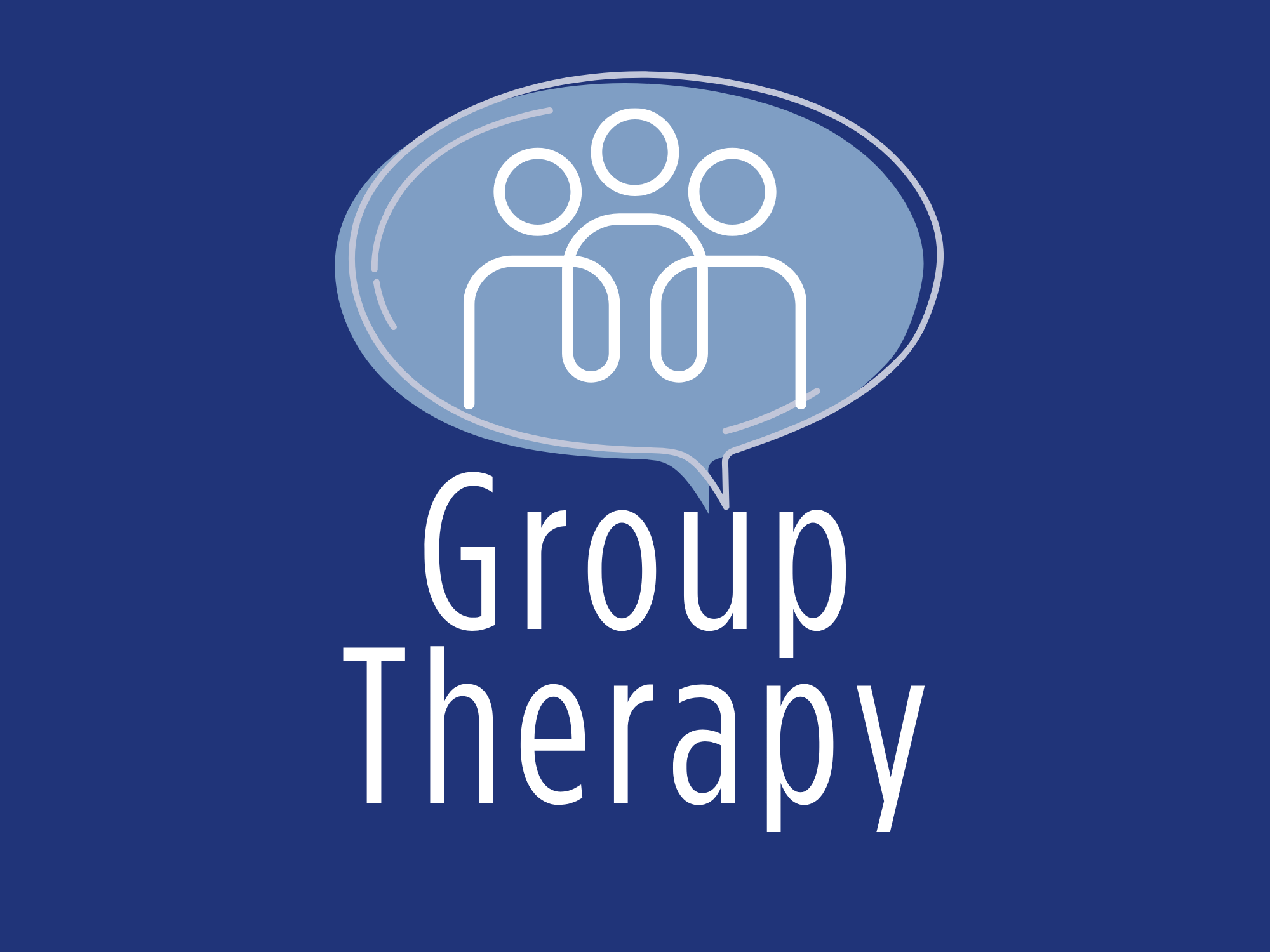 A graphic shows three people icons inside a speech bubble with the text “Group Therapy.”