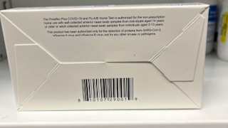 Flowflex Plus COVID-19 and Flu A/B Home Test box back with barcode and product information panel.