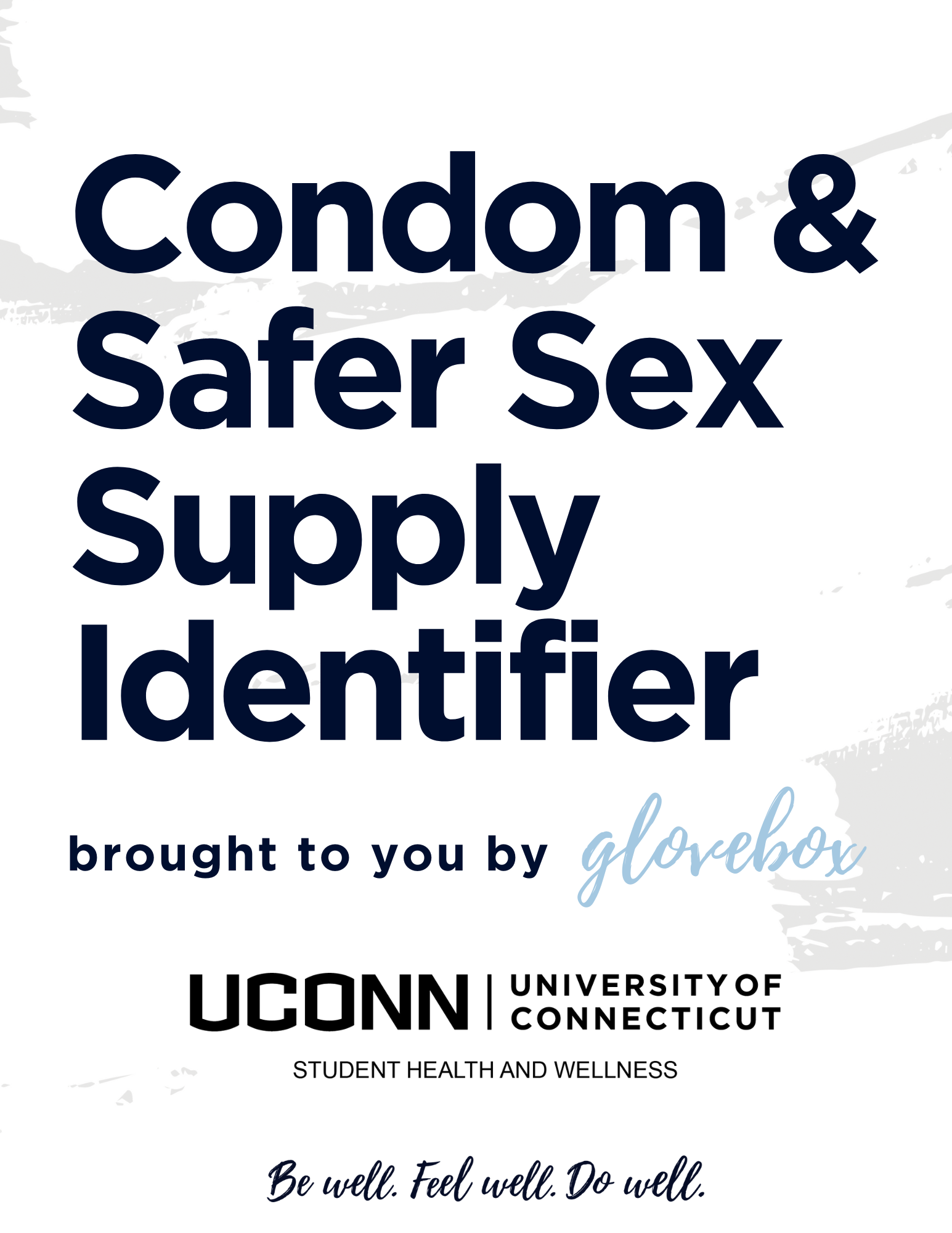 Cover of a UConn Student Health and Wellness condom and safer sex supply identifier guide, brought to you by glovebox.