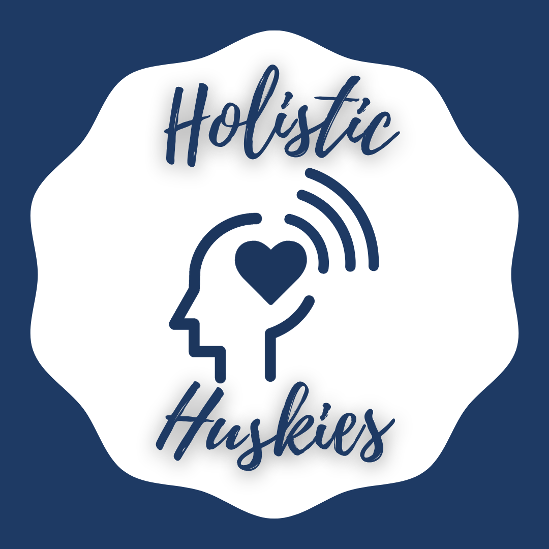 Holistic Huskies logo featuring a stylized head silhouette with a heart and sound waves inside, surrounded by a decorative badge shape.