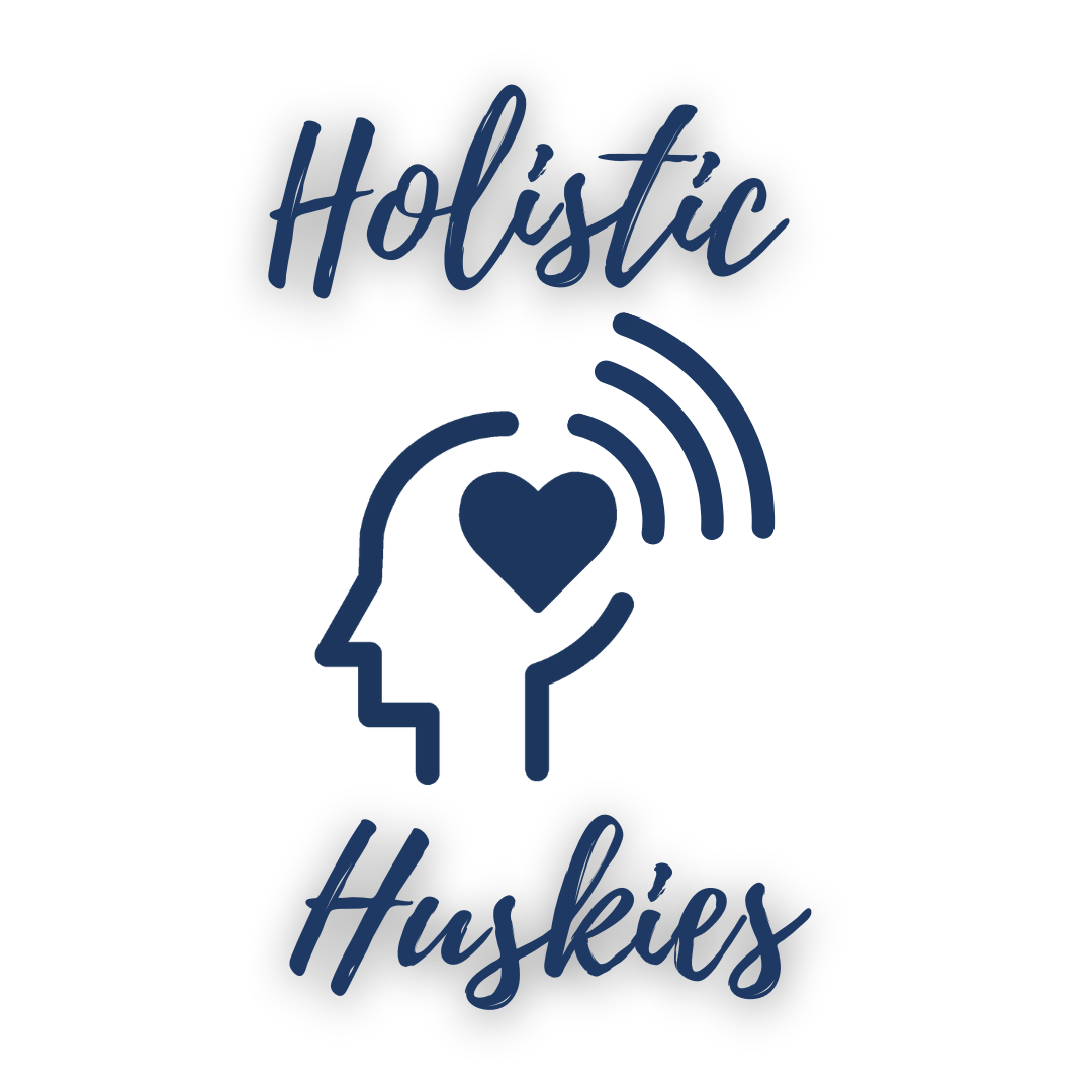 Logo featuring the words “Holistic Huskies” with a head outline containing a heart and radiating lines symbolizing wellness and mindfulness.