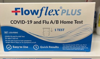 Flowflex Plus COVID-19 and Flu A/B Home Test box front showing branding, “1 test,” and quick results messaging.