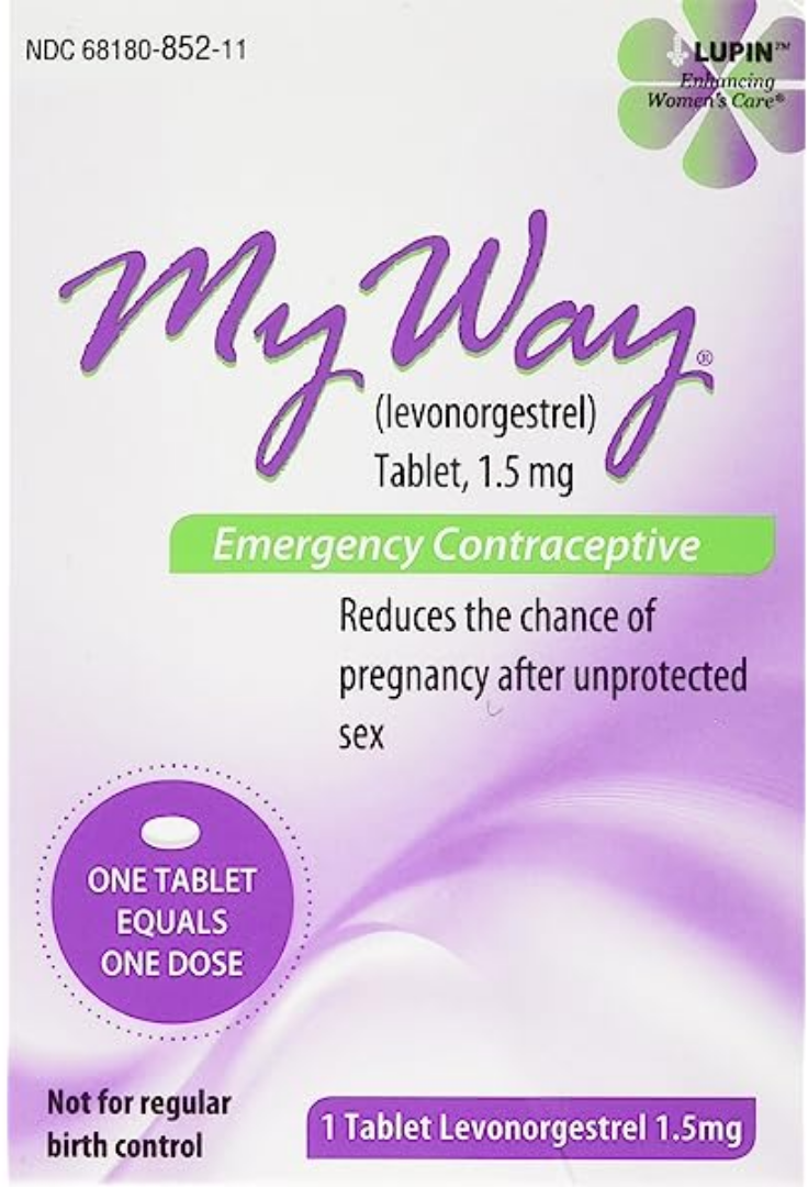 My Way (levonorgestrel) 1.5 mg emergency contraceptive tablet package front showing branding, dosage, and “one tablet equals one dose.”
