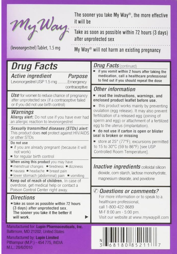 My Way (levonorgestrel) 1.5 mg emergency contraceptive tablet package back with drug facts, directions, warnings, and manufacturer information.