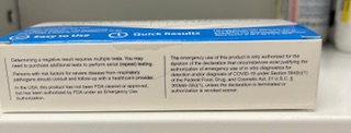 Flowflex Plus COVID-19 and Flu A/B Home Test box side showing cautions, storage, and regulatory text.
