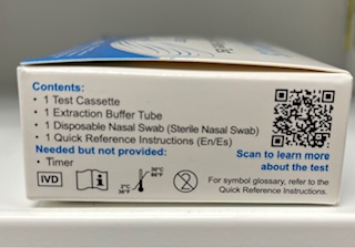 Flowflex Plus COVID-19 and Flu A/B Home Test box contents panel listing test cassette, buffer tube, nasal swab, and instructions.