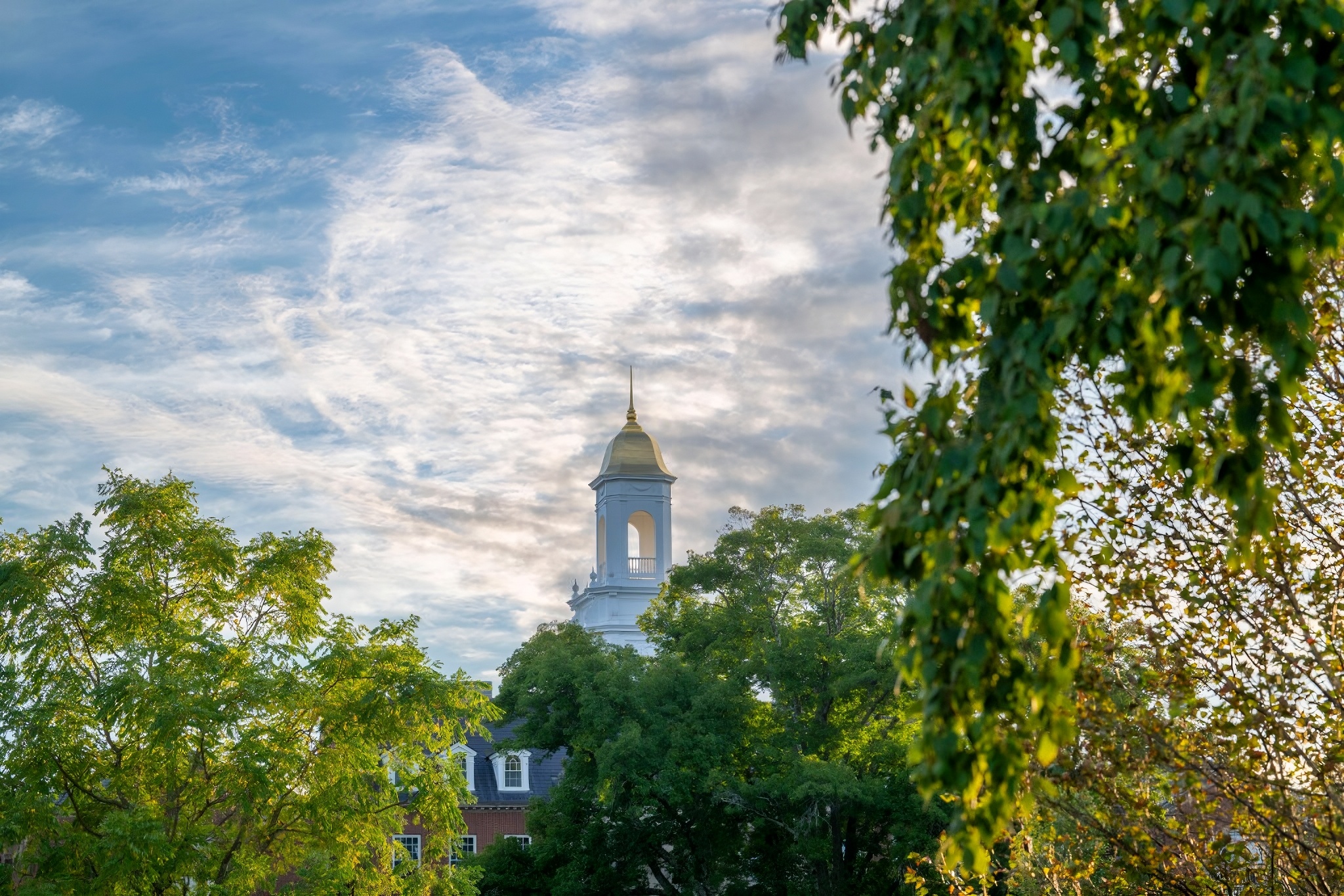 White campus tower rising above green trees under a partly cloudy sky.