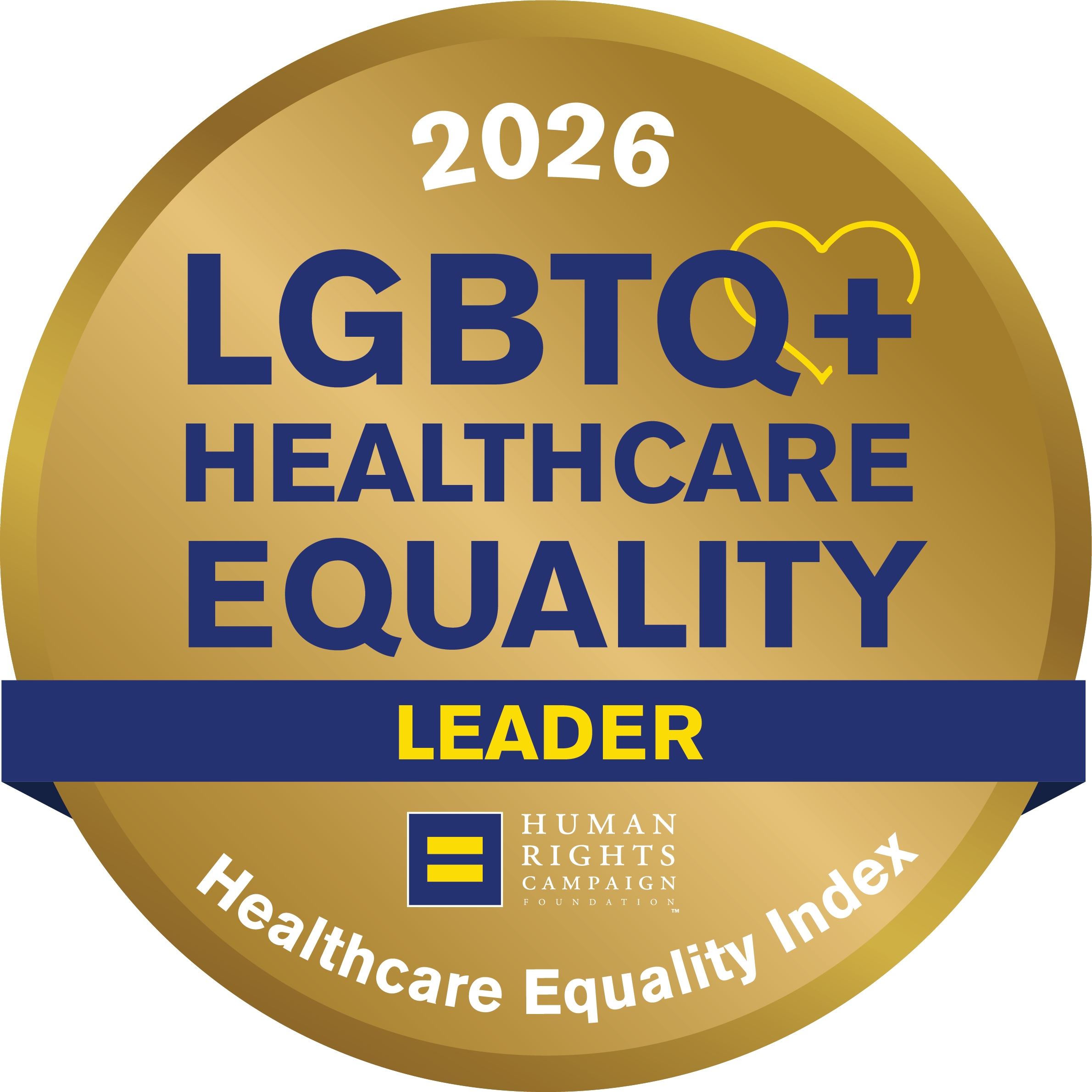2026 LGBTQ+ Healthcare Equality Leader badge from Human Rights Campaign, gold circular emblem with blue and white text and Healthcare Equality Index mention.