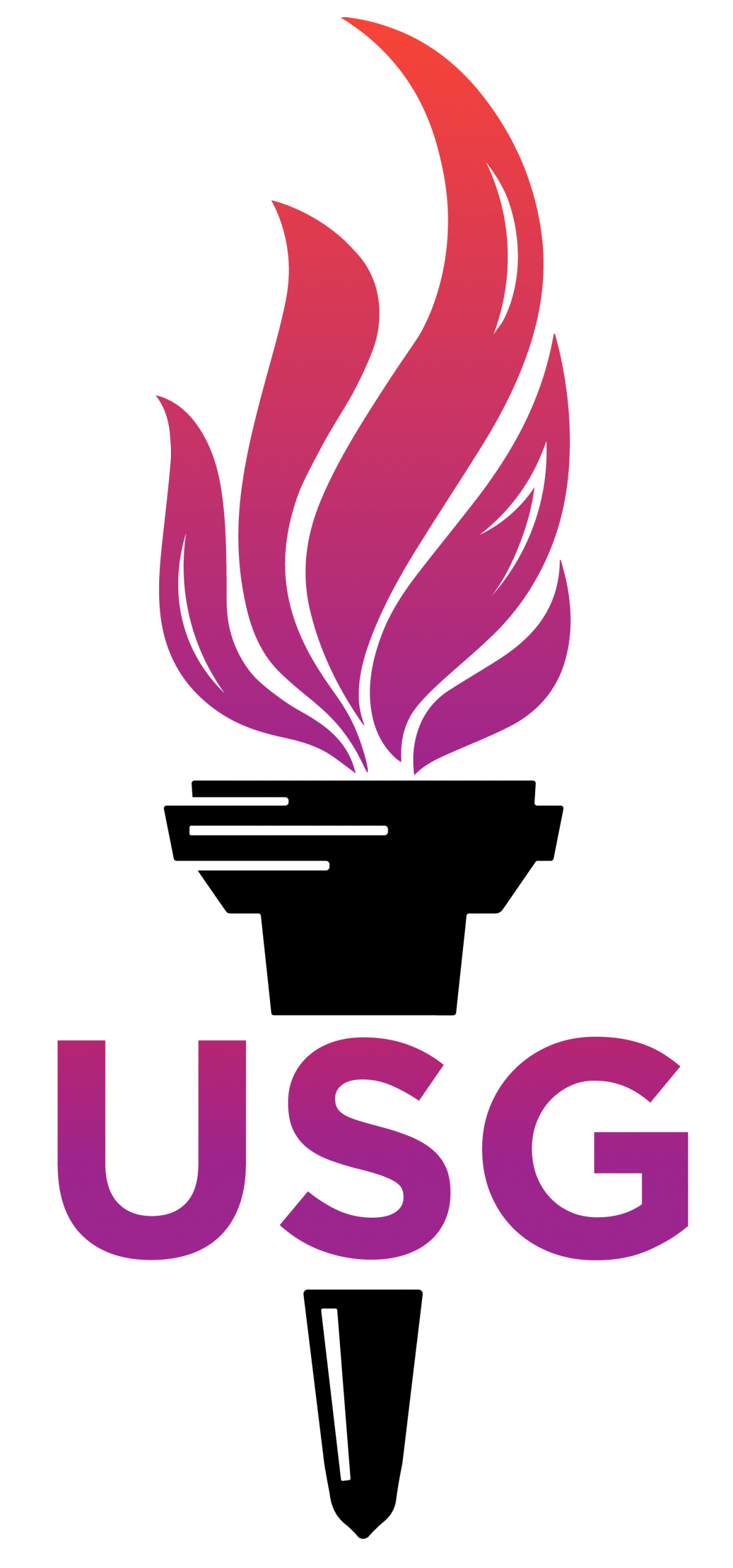 USG logo. A stylized logo featuring a modern torch. At the top is an organic flame with flowing, leaf-like shapes in a vertical gradient of purple, fuchsia, and orange-red. The flame sits in a black, stylized basin with small details. Below the basin, bold, sans-serif text reads "USG" in a purple-pink color. At the very bottom is a black, conical torch base. 